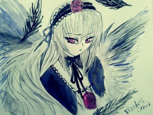 Rating: Safe Score: 0 Tags: 1girl dress flower frills hairband image long_hair long_sleeves looking_at_viewer rose solo suigintou traditional_media upper_body wings User: admin
