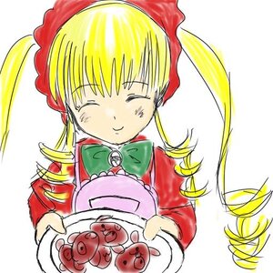 Rating: Safe Score: 0 Tags: 1girl bangs blonde_hair blush bow bowtie closed_eyes closed_mouth dress drill_hair eyebrows_visible_through_hair food green_bow image long_hair long_sleeves saucer shinku simple_background smile solo upper_body white_background User: admin