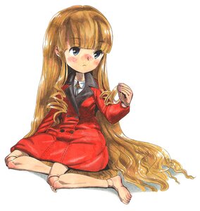 Rating: Safe Score: 0 Tags: 1girl barefoot blonde_hair blue_eyes blunt_bangs blush image long_hair necktie shinku sitting solo traditional_media very_long_hair User: admin