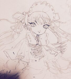 Rating: Safe Score: 0 Tags: 1girl auto_tagged bangs bonnet bow dress frills image long_hair looking_at_viewer monochrome shinku simple_background sketch solo traditional_media upper_body User: admin