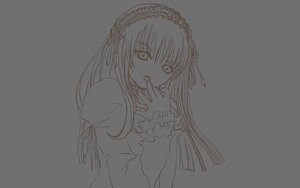 Rating: Safe Score: 0 Tags: 1girl dress eyebrows_visible_through_hair grey_background greyscale hairband hand_to_own_mouth image juliet_sleeves lolita_hairband long_hair long_sleeves looking_at_viewer monochrome open_mouth simple_background solo suigintou tongue upper_body User: admin