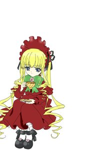 Rating: Safe Score: 0 Tags: 1girl auto_tagged bangs black_footwear blonde_hair blue_eyes bonnet bow bowtie cup dress food full_body holding image long_hair long_sleeves looking_at_viewer red_dress saucer shinku simple_background sitting solo teacup white_background User: admin