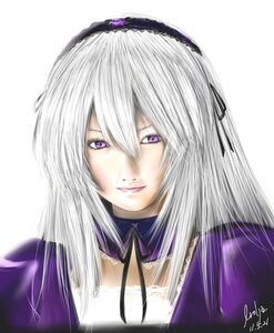 Rating: Safe Score: 0 Tags: 1girl black_ribbon closed_mouth detached_collar gothic_lolita hairband image lips lolita_fashion long_hair looking_at_viewer portrait purple_eyes ribbon signature silver_hair simple_background solo suigintou white_background User: admin