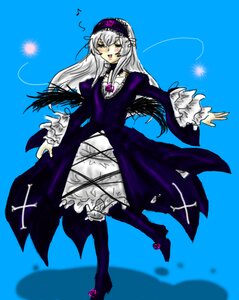 Rating: Safe Score: 0 Tags: 1girl black_wings boots closed_eyes dress flower frills full_body hairband image long_hair long_sleeves open_mouth silver_hair solo suigintou wings User: admin