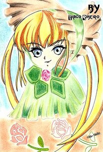 Rating: Safe Score: 0 Tags: 1girl bangs blonde_hair blue_eyes flower image long_hair looking_at_viewer marker_(medium) mouth_hold pink_flower pink_rose red_flower red_rose rose shinku signature solo traditional_media twintails User: admin
