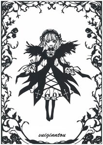 Rating: Safe Score: 0 Tags: 1girl dress flower greyscale hairband image long_hair long_sleeves looking_at_viewer monochrome plant rose smile solo suigintou thighhighs vines white_background wings User: admin