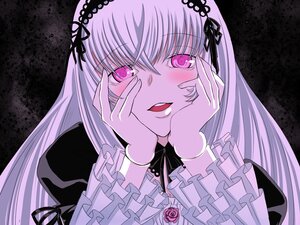 Rating: Safe Score: 3 Tags: 1girl dress flower frilled_sleeves frills hairband hands_on_own_cheeks hands_on_own_face image long_hair long_sleeves looking_at_viewer open_mouth pink_eyes rose smile solo suigintou User: admin