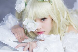 Rating: Safe Score: 0 Tags: 1girl bangs blonde_hair blurry closed_mouth depth_of_field flower hair_ornament hair_over_one_eye hands kirakishou lips looking_at_viewer own_hands_together rose sleeves_past_wrists solo white_flower white_hair white_rose User: admin