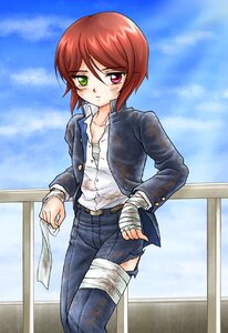 Rating: Safe Score: 0 Tags: 1girl bandaged_arm bandaged_leg bandages blue_sky blush brown_hair cloud day green_eyes heterochromia image pants red_eyes red_hair sarashi shirt short_hair sky solo souseiseki standing stitches torn_clothes User: admin