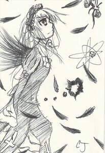 Rating: Safe Score: 0 Tags: 1girl closed_mouth dress feathers flower greyscale hairband image lolita_hairband long_hair long_sleeves looking_at_viewer monochrome signature solo suigintou traditional_media wings User: admin