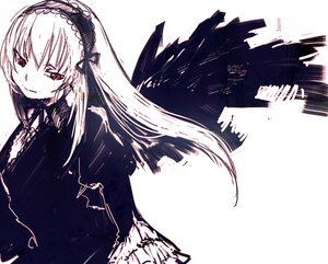 Rating: Safe Score: 0 Tags: 1girl auto_tagged bangs black_wings closed_mouth dress eyebrows_visible_through_hair feathered_wings feathers frills hairband image long_hair long_sleeves looking_at_viewer monochrome red_eyes solo suigintou white_background wings User: admin