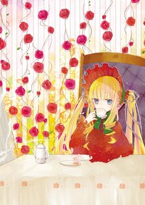 Rating: Safe Score: 0 Tags: 1girl blonde_hair blue_eyes bonnet bow cup dress drill_hair flower food green_bow image long_hair pink_flower pink_rose red_flower red_rose rose saucer shinku sitting solo tea teacup teapot twintails User: admin