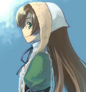 Rating: Safe Score: 0 Tags: 1girl blue_background brown_hair dress from_side green_eyes hat head_scarf image long_hair looking_back profile ribbon simple_background smile solo suiseiseki upper_body User: admin