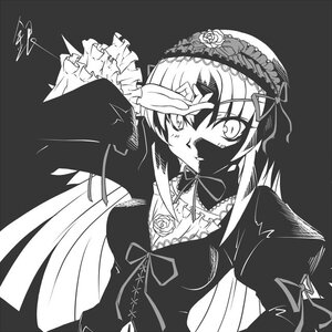 Rating: Safe Score: 0 Tags: 1girl dress flower frills gothic_lolita greyscale hairband image lolita_fashion lolita_hairband long_hair long_sleeves looking_at_viewer monochrome rose signature simple_background solo suigintou upper_body User: admin