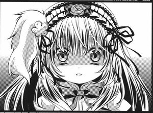 Rating: Safe Score: 0 Tags: 1girl border greyscale hairband image lolita_hairband long_hair looking_at_viewer monochrome portrait ribbon simple_background solo suigintou traditional_media white_background User: admin