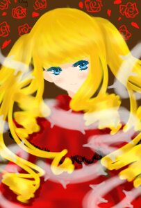 Rating: Safe Score: 0 Tags: 1girl blonde_hair blue_eyes blurry blurry_foreground blush character_name depth_of_field dress flower image long_hair looking_at_viewer petals red_dress red_flower red_rose rose rose_petals shinku smile solo twintails User: admin
