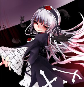 Rating: Safe Score: 0 Tags: 1girl black_wings dress feathers flower frilled_sleeves frills hairband image lolita_fashion lolita_hairband long_hair long_sleeves red_eyes red_flower red_rose rose silver_hair smile solo suigintou wings User: admin