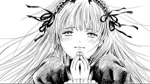 Rating: Safe Score: 0 Tags: 1girl blush closed_mouth dress floating_hair greyscale hair_ribbon hairband image long_hair long_sleeves looking_at_viewer monochrome ribbon solo suigintou upper_body User: admin