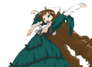 Rating: Safe Score: 0 Tags: 1girl :d brown_hair dress frills green_dress green_eyes image long_sleeves looking_at_viewer open_mouth simple_background smile solo suiseiseki white_background User: admin