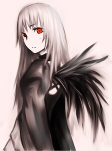 Rating: Safe Score: 0 Tags: 1girl bangs closed_mouth dress image long_hair long_sleeves looking_at_viewer looking_back pale_skin red_eyes simple_background solo suigintou upper_body wings User: admin