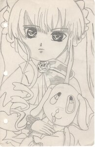 Rating: Safe Score: 0 Tags: 1girl dress flower image long_hair long_sleeves looking_at_viewer monochrome rose shinku simple_background solo stuffed_animal traditional_media User: admin