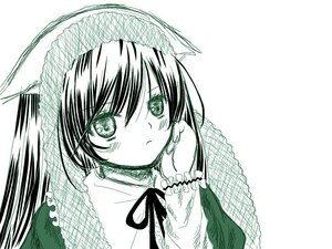 Rating: Safe Score: 0 Tags: 1girl :< bangs blush closed_mouth dress eyebrows_visible_through_hair frills green_theme image long_sleeves looking_at_viewer monochrome neck_ribbon pout ribbon solo suiseiseki upper_body white_background User: admin