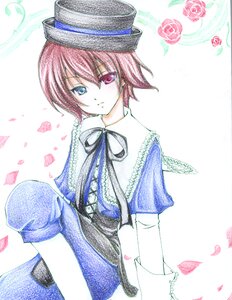 Rating: Safe Score: 0 Tags: 1boy flower gloves hat heterochromia image looking_at_viewer pantyhose ribbon rose short_hair sitting solo souseiseki top_hat traditional_media User: admin
