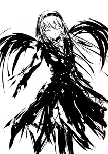 Rating: Safe Score: 0 Tags: 1girl akemi_homura akuma_homura black_hair black_wings closed_eyes dress feathered_wings greyscale hairband image long_hair monochrome simple_background solo suigintou white_background wings User: admin