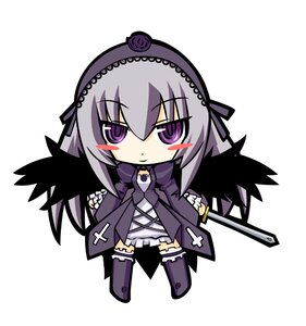 Rating: Safe Score: 0 Tags: 1girl chibi cross dress flower frills hairband holding image long_hair long_sleeves purple_eyes rose silver_hair solo standing striped suigintou very_long_hair weapon white_background User: admin