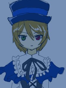 Rating: Safe Score: 0 Tags: 1girl bangs blonde_hair blue_background blue_dress blue_headwear capelet dress eyebrows_visible_through_hair frills green_eyes hair_between_eyes hat heterochromia image long_sleeves looking_at_viewer neck_ribbon parted_lips ribbon short_hair simple_background solo souseiseki upper_body User: admin