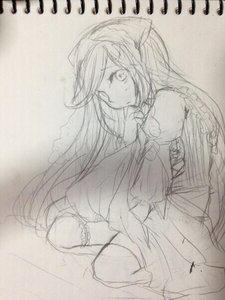 Rating: Safe Score: 0 Tags: 1girl dress graphite_(medium) greyscale image long_hair looking_at_viewer monochrome sitting sketch solo suiseiseki thighhighs traditional_media very_long_hair User: admin