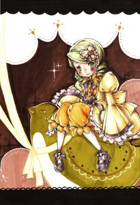 Rating: Safe Score: 0 Tags: 1girl blonde_hair dress drill_hair frills hat image kanaria ribbon short_hair sitting smile solo yellow_eyes User: admin