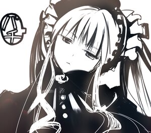 Rating: Safe Score: 0 Tags: 1girl bangs closed_mouth commentary_request dress drill_hair eyebrows_visible_through_hair frills gradient greyscale hat image lolita_fashion long_hair looking_at_viewer monochrome rozen_maiden shinku simple_background solo sorethroat upper_body white_background User: admin