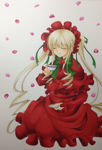 Rating: Safe Score: 0 Tags: 1girl blonde_hair blush bonnet bow bowtie closed_eyes cup dress flower image long_hair long_sleeves petals rose rose_petals saucer shinku smile solo tea teacup twintails User: admin