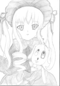 Rating: Safe Score: 0 Tags: 1girl blush greyscale hat holding image long_hair long_sleeves looking_at_viewer monochrome ribbon shinku simple_background solo stuffed_animal traditional_media very_long_hair User: admin