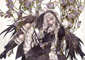 Rating: Safe Score: 0 Tags: 1girl arm_up black_rose black_wings bonnet boots commentary_request dress flower gothic_lolita hairband image knee_boots kneehighs lolita_fashion long_hair parted_lips pink_rose plant purple_flower purple_rose red_eyes rose rozen_maiden silver_hair sitting solo suigintou thorns tsukioka_tsukiho vines white_background white_rose wings User: admin