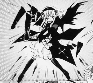 Rating: Safe Score: 0 Tags: 1girl black_wings dress full_body greyscale hairband image long_sleeves looking_at_viewer monochrome solo standing suigintou wings User: admin