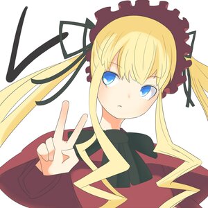 Rating: Safe Score: 0 Tags: 1girl blonde_hair blue_eyes blush bow double_v dress heart image long_hair long_sleeves looking_at_viewer shinku sidelocks simple_background solo twintails upper_body v white_background User: admin