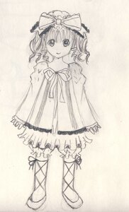 Rating: Safe Score: 0 Tags: 1girl bow cross-laced_footwear dress full_body hinaichigo image leg_ribbon long_sleeves monochrome pointy_ears ribbon smile solo traditional_media twintails User: admin