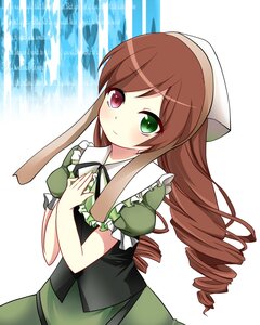 Rating: Safe Score: 0 Tags: 1girl brown_hair dress drill_hair frills green_dress green_eyes head_scarf heterochromia image long_hair looking_at_viewer red_eyes short_sleeves smile solo striped striped_background suiseiseki twin_drills very_long_hair User: admin