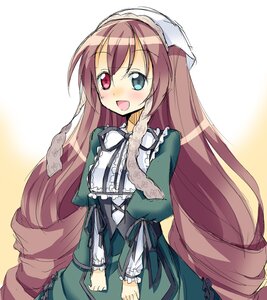 Rating: Safe Score: 0 Tags: 1girl :d blush brown_hair dress frills green_dress head_scarf heterochromia image lolita_fashion long_hair long_sleeves looking_at_viewer open_mouth red_eyes simple_background smile solo suiseiseki twintails very_long_hair User: admin