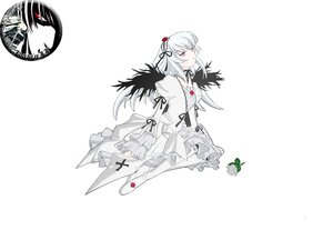 Rating: Safe Score: 0 Tags: 1girl dress flower image long_sleeves red_eyes ribbon rose sitting sleeves_past_wrists solo striped suigintou white_hair User: admin