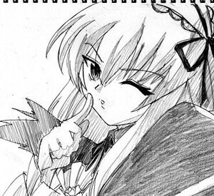 Rating: Safe Score: 0 Tags: 1girl blush finger_to_mouth greyscale hair_ornament hair_ribbon image index_finger_raised long_hair long_sleeves looking_at_viewer monochrome one_eye_closed ribbon solo suigintou upper_body User: admin