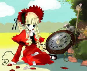 Rating: Safe Score: 0 Tags: 1girl blonde_hair blue_eyes bonnet cloud day dress image long_hair long_sleeves looking_at_viewer outdoors red_dress shinku sitting sky solo teacup User: admin