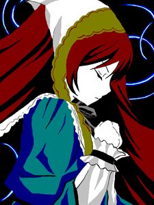 Rating: Safe Score: 0 Tags: 1girl closed_eyes closed_mouth dress frills image long_hair long_sleeves profile red_hair simple_background solo suiseiseki upper_body User: admin