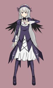 Rating: Safe Score: 0 Tags: 1girl auto_tagged blush dress frills full_body hat image long_hair long_sleeves looking_at_viewer pantyhose shoes silver_hair simple_background smile solo standing suigintou wings User: admin