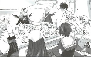 Rating: Safe Score: 0 Tags: 1boy comic food greyscale image long_hair long_sleeves monochrome multiple multiple_girls silent_comic sitting table tagme User: admin