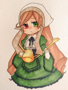 Rating: Safe Score: 0 Tags: 1girl blush brown_hair dress frills green_dress green_eyes heterochromia image long_hair long_sleeves looking_at_viewer red_eyes simple_background solo suiseiseki traditional_media very_long_hair User: admin