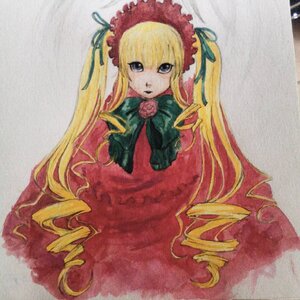 Rating: Safe Score: 0 Tags: 1girl blonde_hair blue_eyes bonnet bow bowtie dress drill_hair green_bow image long_hair long_sleeves looking_at_viewer red_dress rose shinku simple_background solo traditional_media twin_drills very_long_hair User: admin