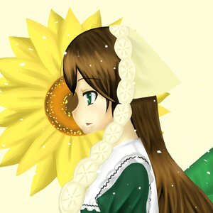 Rating: Safe Score: 0 Tags: 1girl brown_hair dress flower from_side green_dress green_eyes image long_hair profile solo suiseiseki wings yellow_background User: admin
